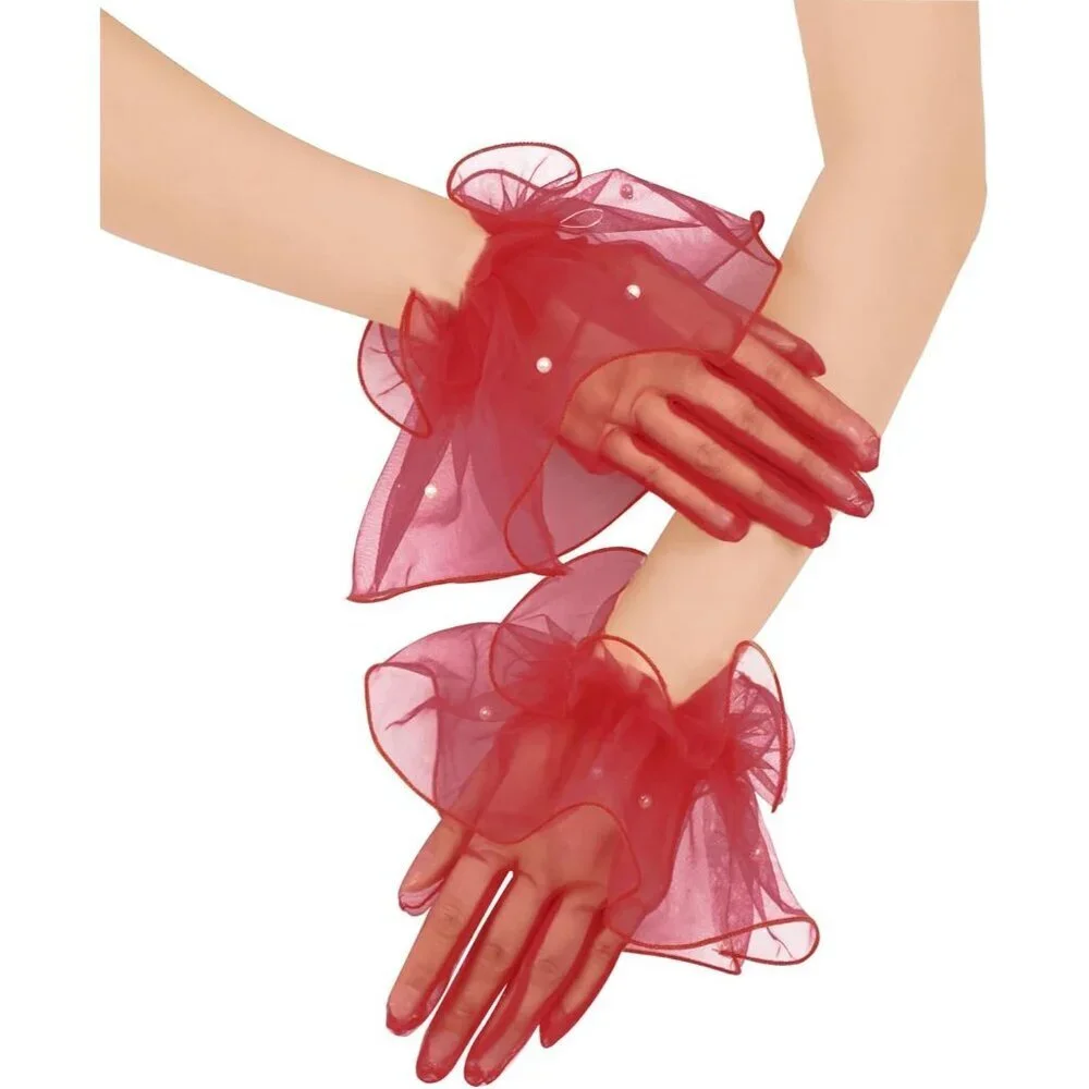Women's Formal Evening Burgundy Short Mesh Tulle Gloves Wedding Party Costume